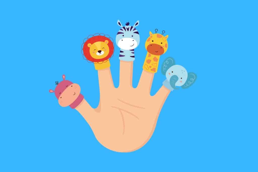 Cartoon graphic of a hand with 5 finger puppets of different animals on a blue background.