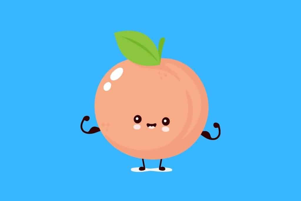 Cartoon graphic of a pink peach smiling and showing off muscles on a blue background.