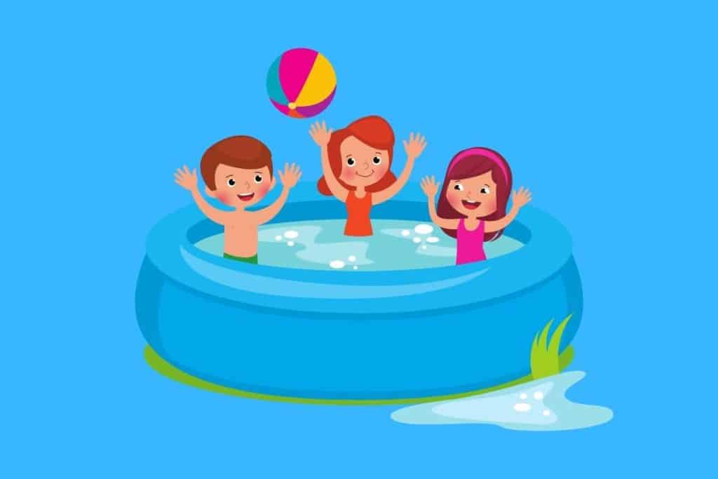 Cartoon graphic of 3 kids playing with a ball in a swimming pool on a blue background.