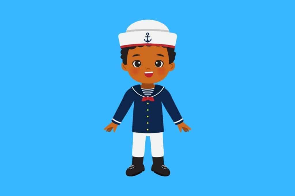 Cartoon graphic of a boy sailor smiling on a blue background.