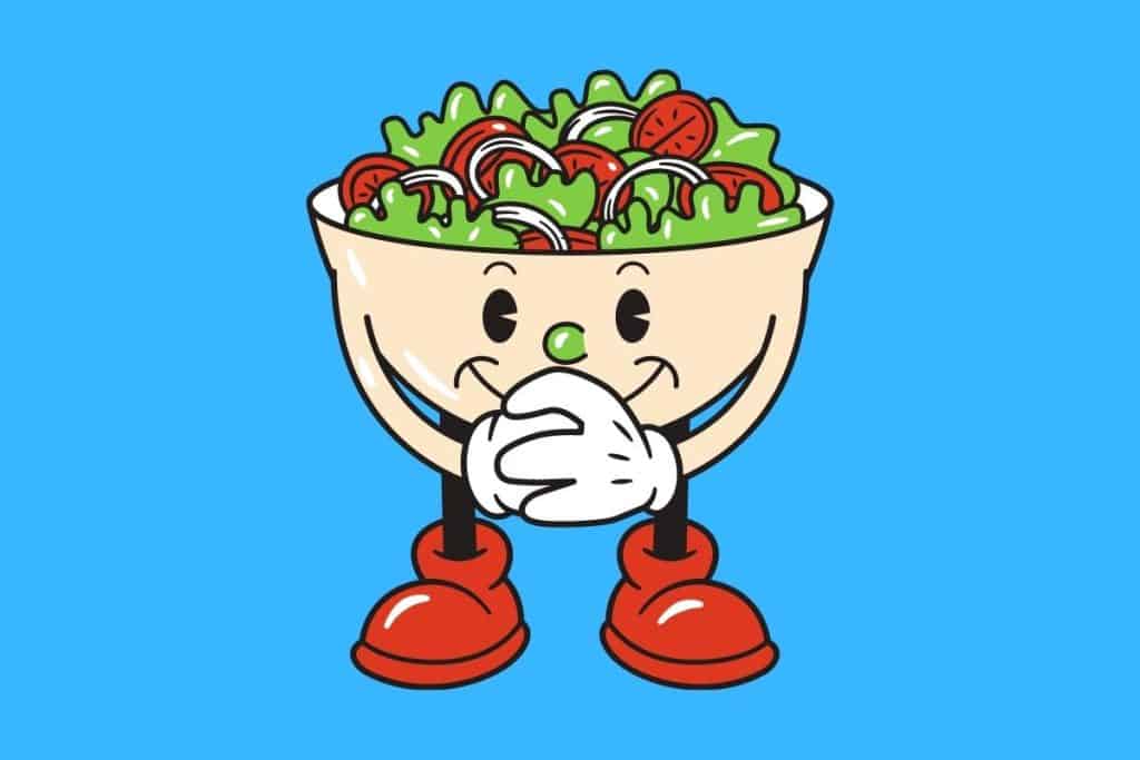 Cartoon graphic of a bowl of salad smiling with hands and legs on a blue background.