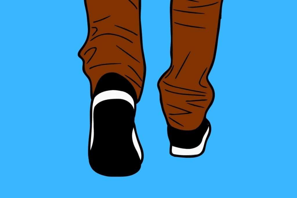 Cartoon graphic of man's legs and shoes walk away from you on a blue background.