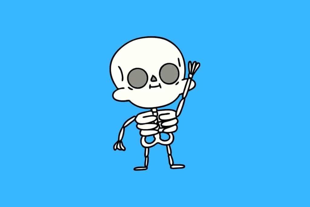 Cartoon graphic of a skeleton waving on a blue background.