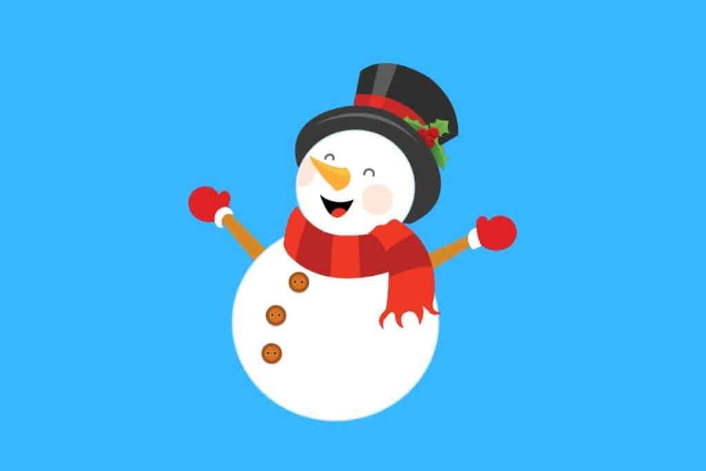 Cartoon graphic of a snowman with top hat and scarf smiling on a blue background.