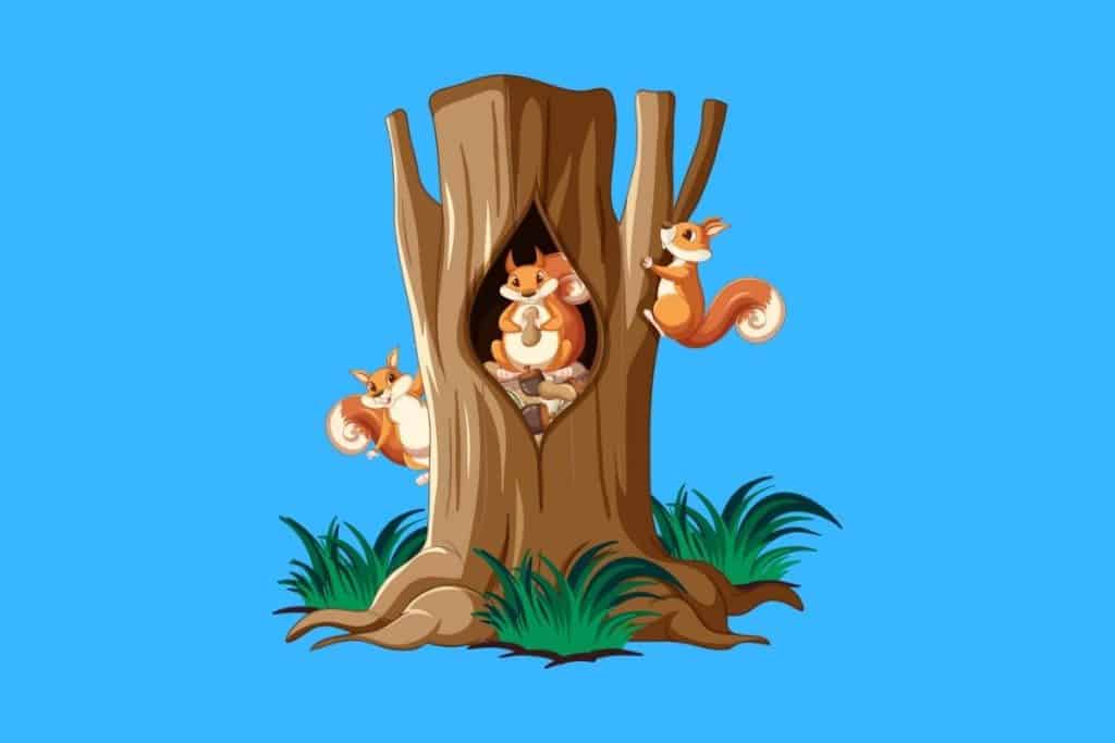 Cartoon graphic of 3 squirrels climbing on a tree on a blue background.