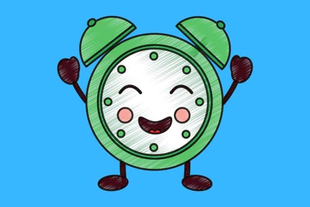 Cartoon graphic of a green clock with a smiling face standing with arms in the air on blue background.