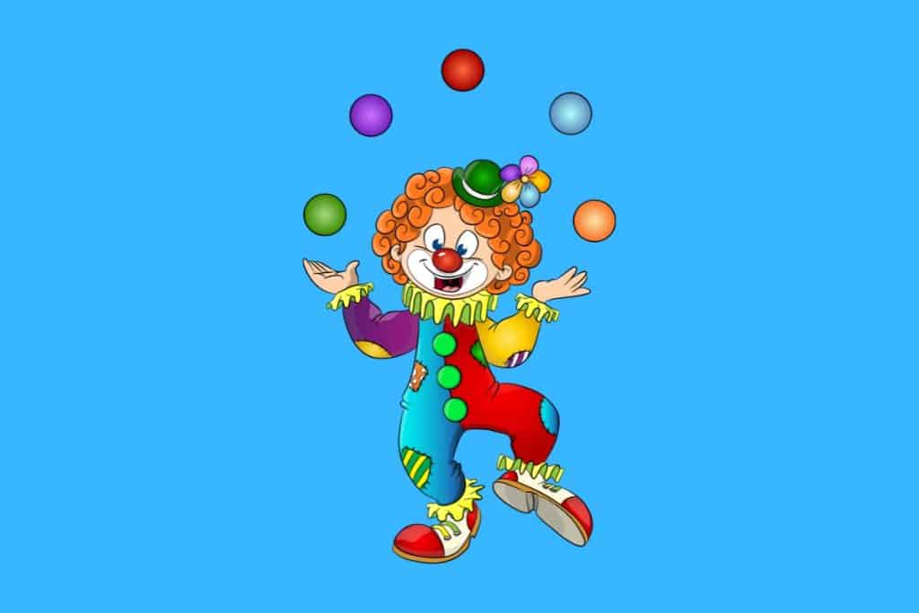 Cartoon graphic of a clown smiling and juggling 5 balls on a blue background.