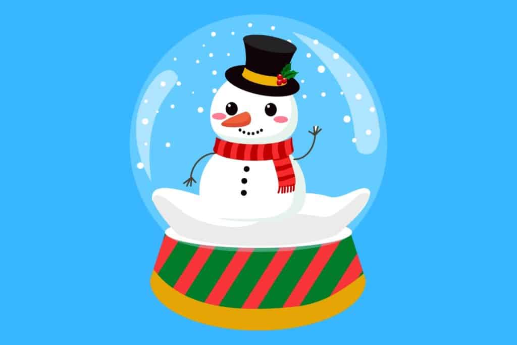 Cartoon graphic of a snowman inside a snow globe waving on a blue background.