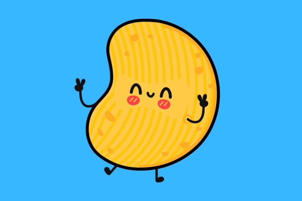 Cartoon graphic of a potato chip smiling and doing peace signs with its hands on a blue background.