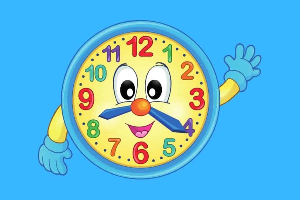 Cartoon graphic of a happy-faced colorful clock with one arm up and one arm down on blue background.