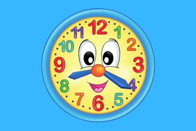 Cartoon graphic of a happy-faced colorful clock on blue background.