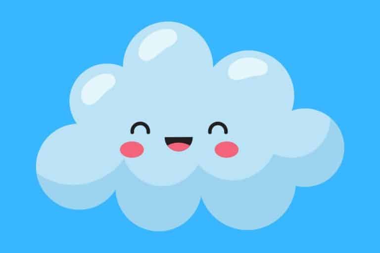 Cartoon graphic of a smiling cloud with both eyes closed on a blue background.