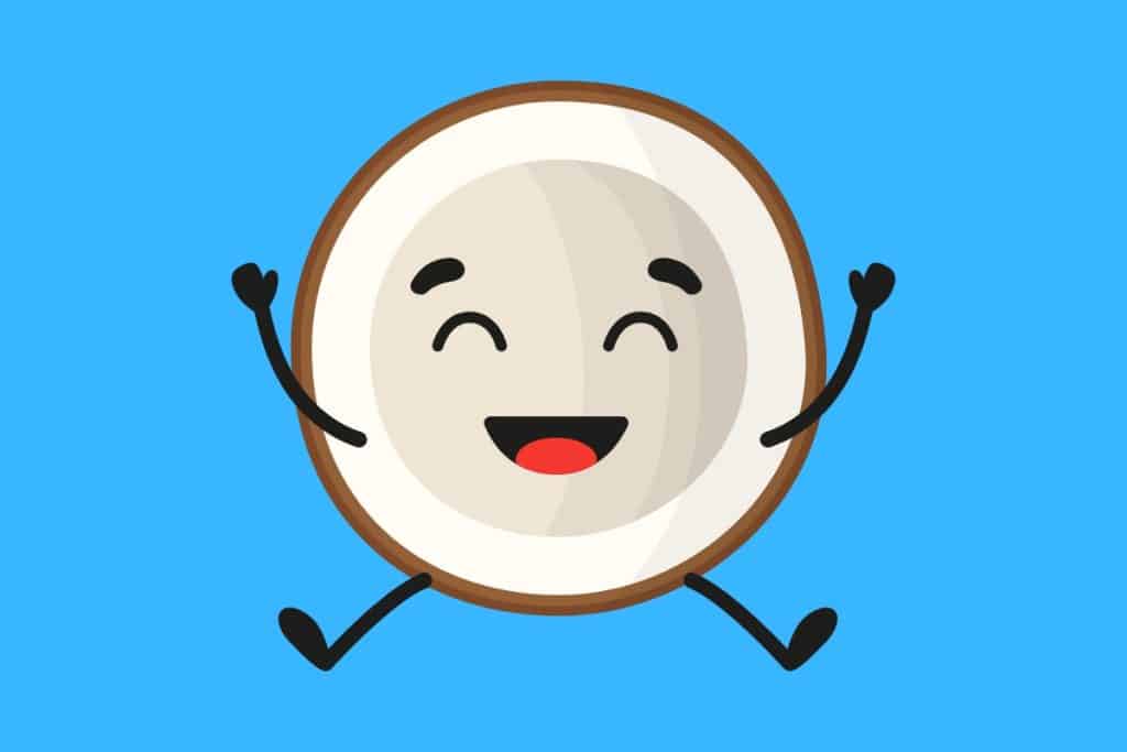 Cartoon graphic of a half-coconut smiling and jumping on a blue background.