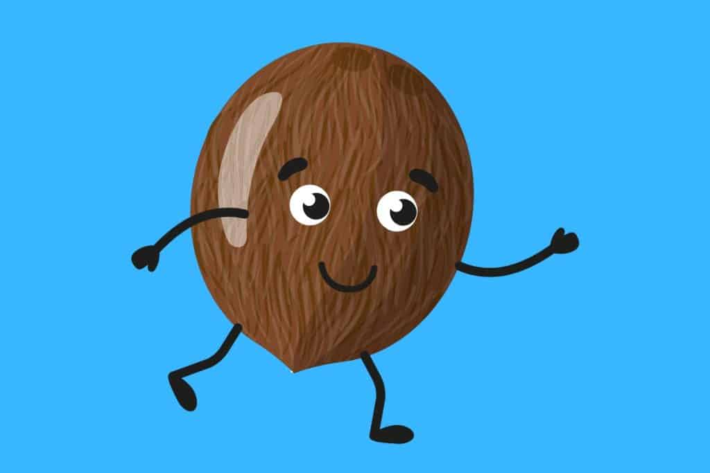 Cartoon graphic of a smiling coconut walking on a blue background.