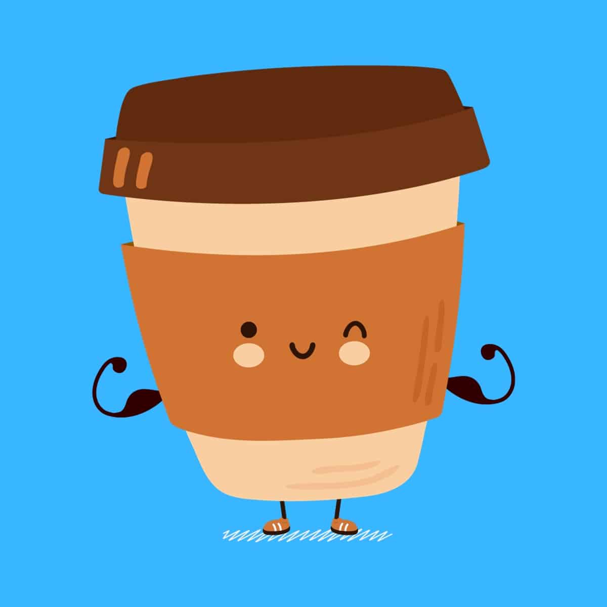 Cartoon graphic of coffee cup showing muscles on blue background.