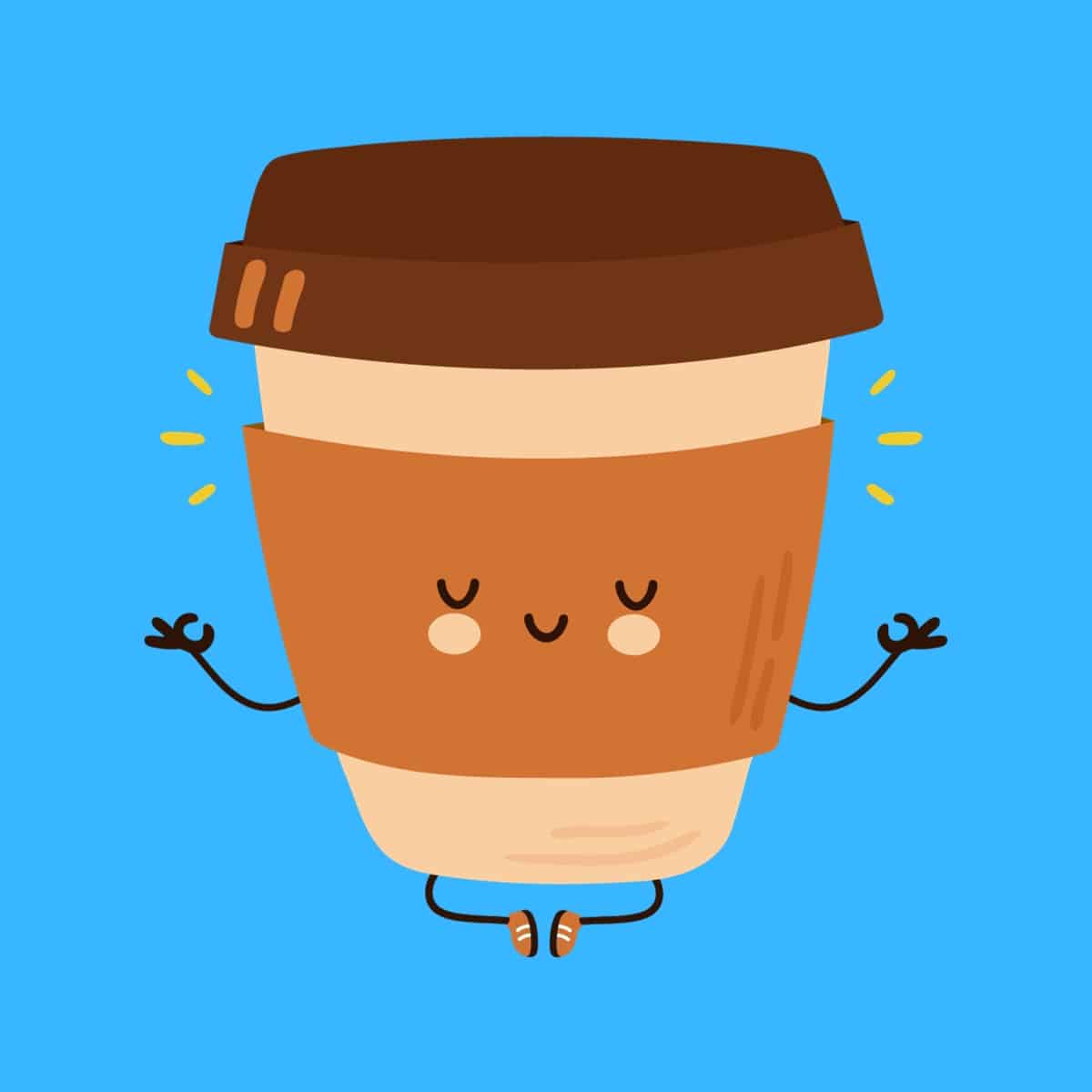 Cartoon graphic of coffee cup with eyes closed relaxing on blue background.