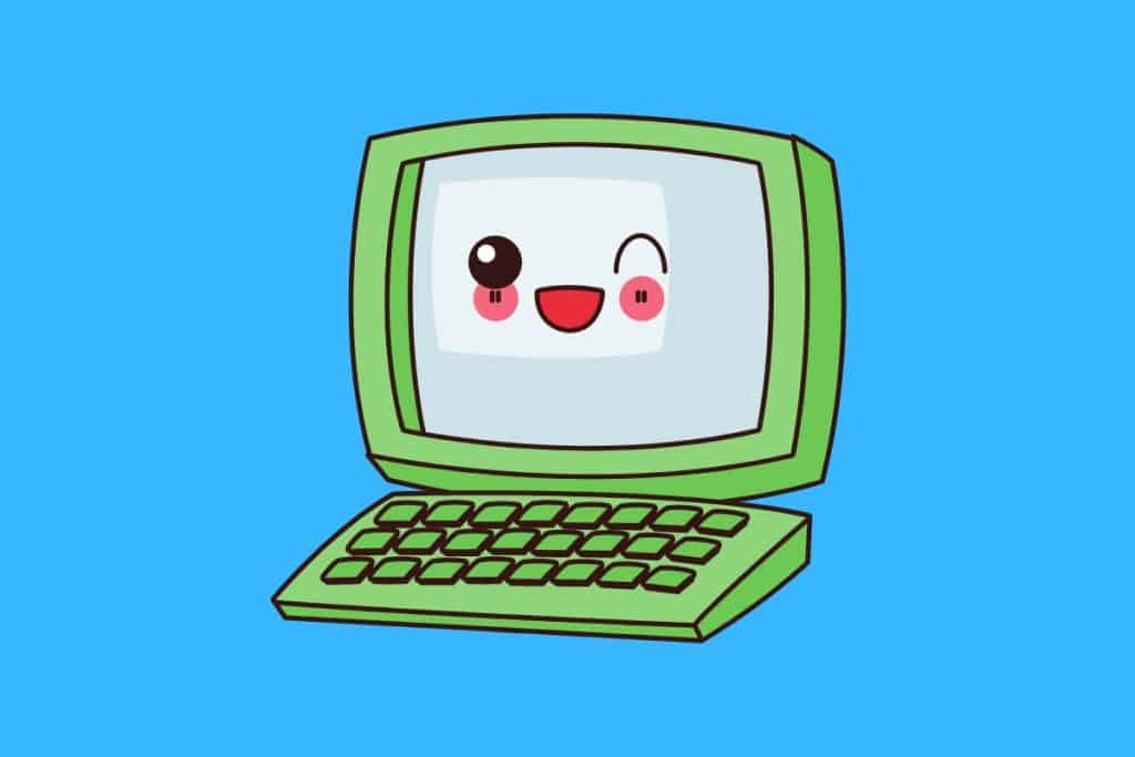 Cartoon graphic of a green computer with a winking face on a blue background.