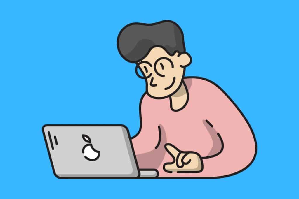 Cartoon graphic of a man working on an apple computer laptop on a blue background.