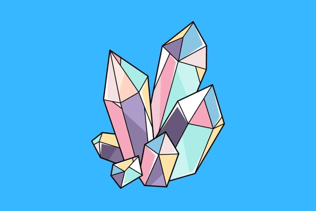 Cartoon graphic of colorful crystals a on a blue background.