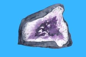 Cartoon graphic of a purple crystal geode on a blue background.