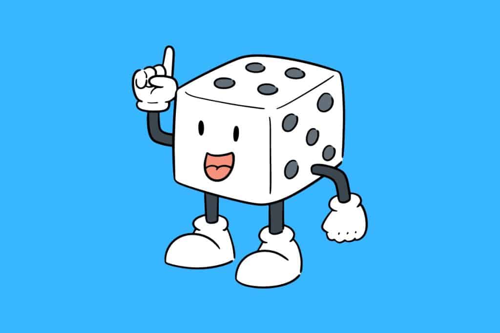 Cartoon graphic of dice with arms and legs and a smiling face pointing up on a blue background.