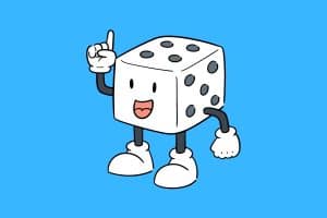 Cartoon graphic of dice with arms and legs and a smiling face pointing up on a blue background.