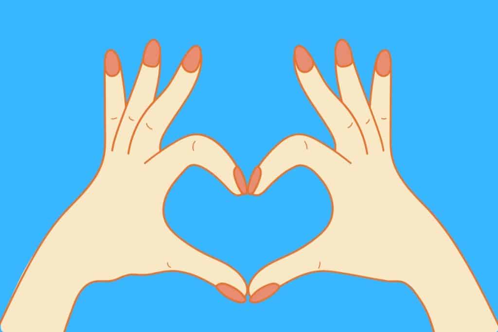 Cartoon graphic of two hands making a love symbol with its fingers on a blue background.