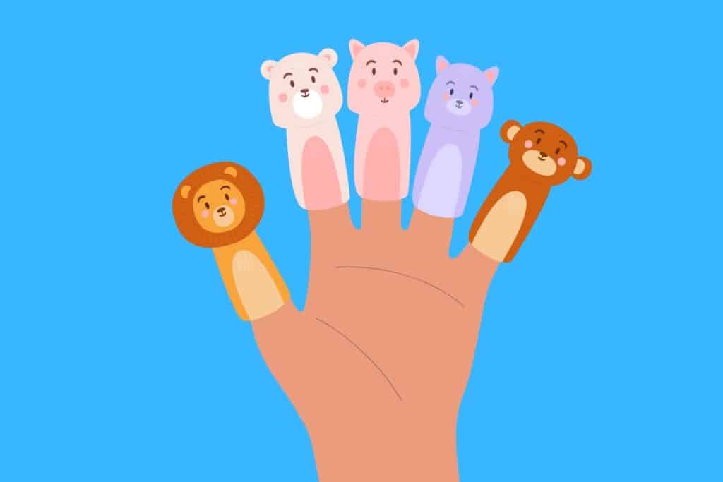 Cartoon graphic of a 5 finger puppets of animals on a hand on a blue background.