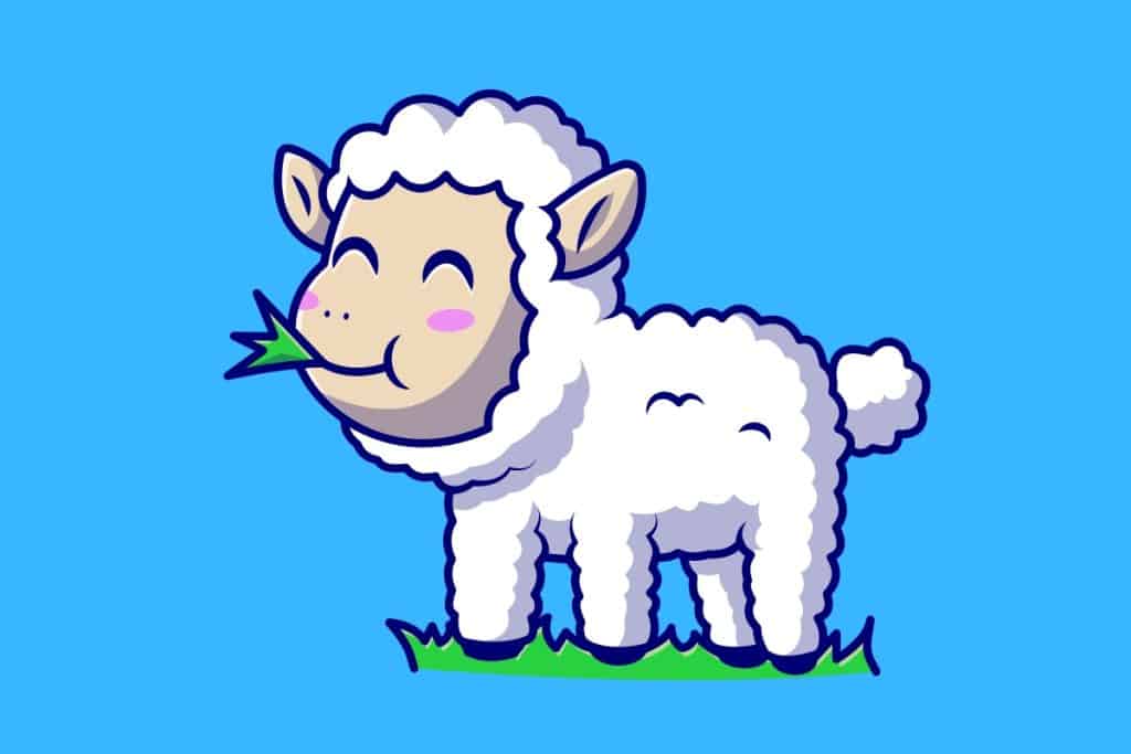 Cartoon graphic of a lamb eating grass while standing on grass on a blue background.