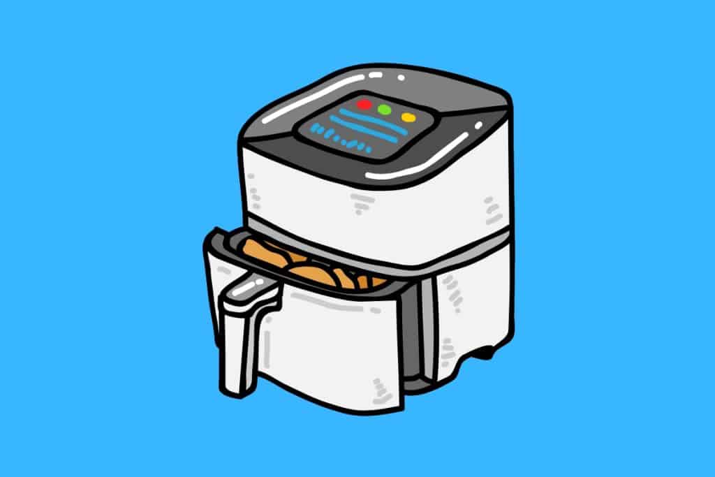 Cartoon graphic of an air fryer with chips half opened on a blue background.