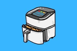 Cartoon graphic of an air fryer with chips half opened on a blue background.