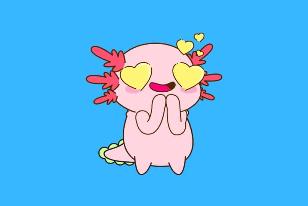 Cartoon graphic of an axolotl with big yellow heart shaped eyes on a blue background.