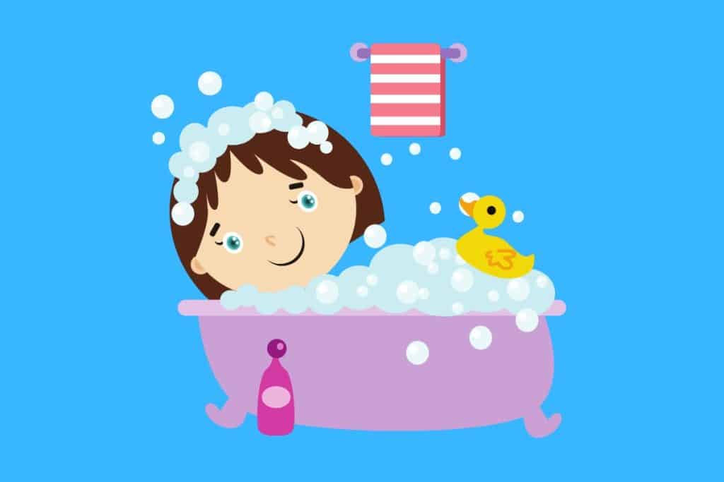 Cartoon graphic of a girl having a bubble bath with a rubber ducky on a blue background.