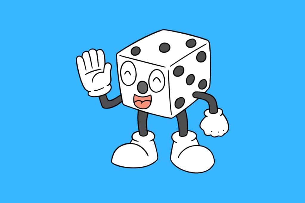 Cartoon graphic of a di with arms and legs and a smiling face on a blue background.