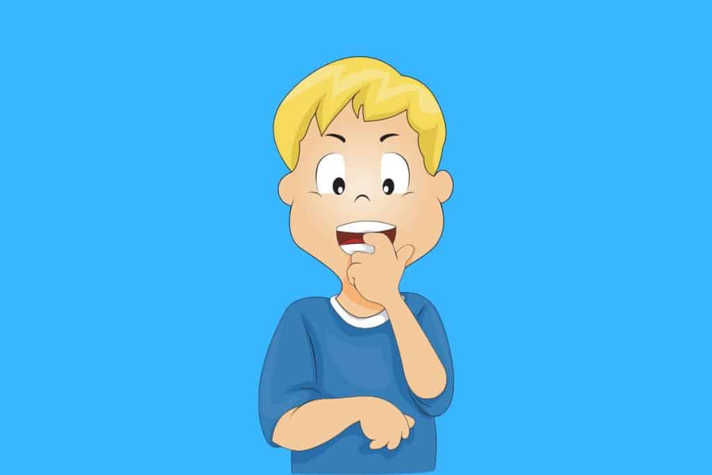 Cartoon graphic of a boy chewing on his fingers on a blue background.