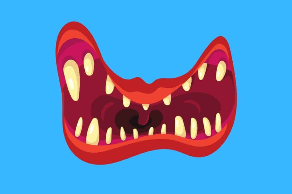 Cartoon graphic of a red monster mouth with different shaped teeth on a blue background.