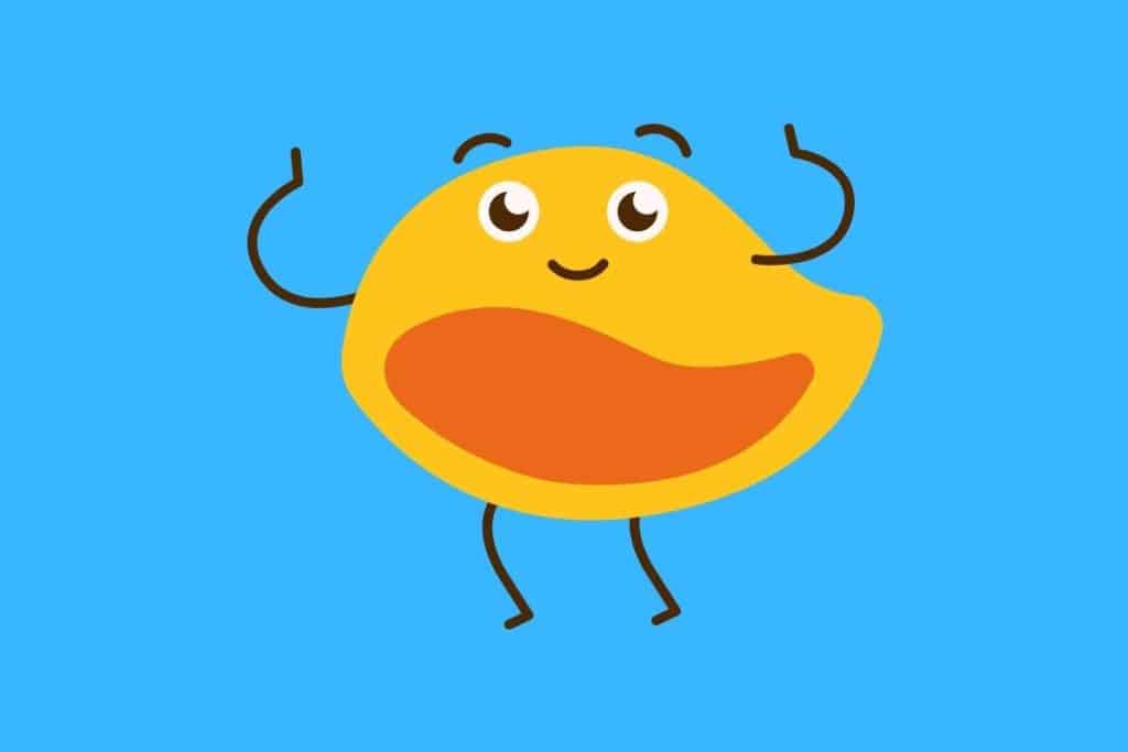 Cartoon graphic of a conchiglie pasta smiling and with hands and legs on a blue background.