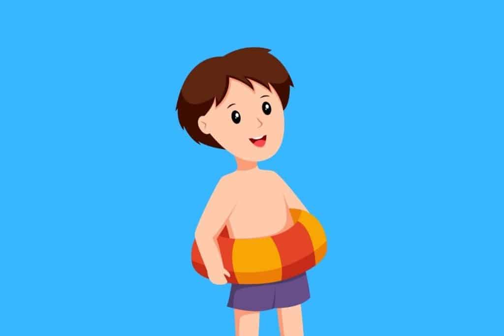 Cartoon graphic of a boy with a tube around his waist and swimming trunks on on a blue background.