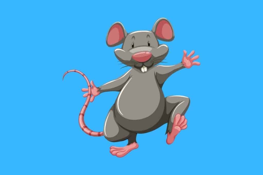 Cartoon graphic of a smiling rat walking towards you on a blue background.