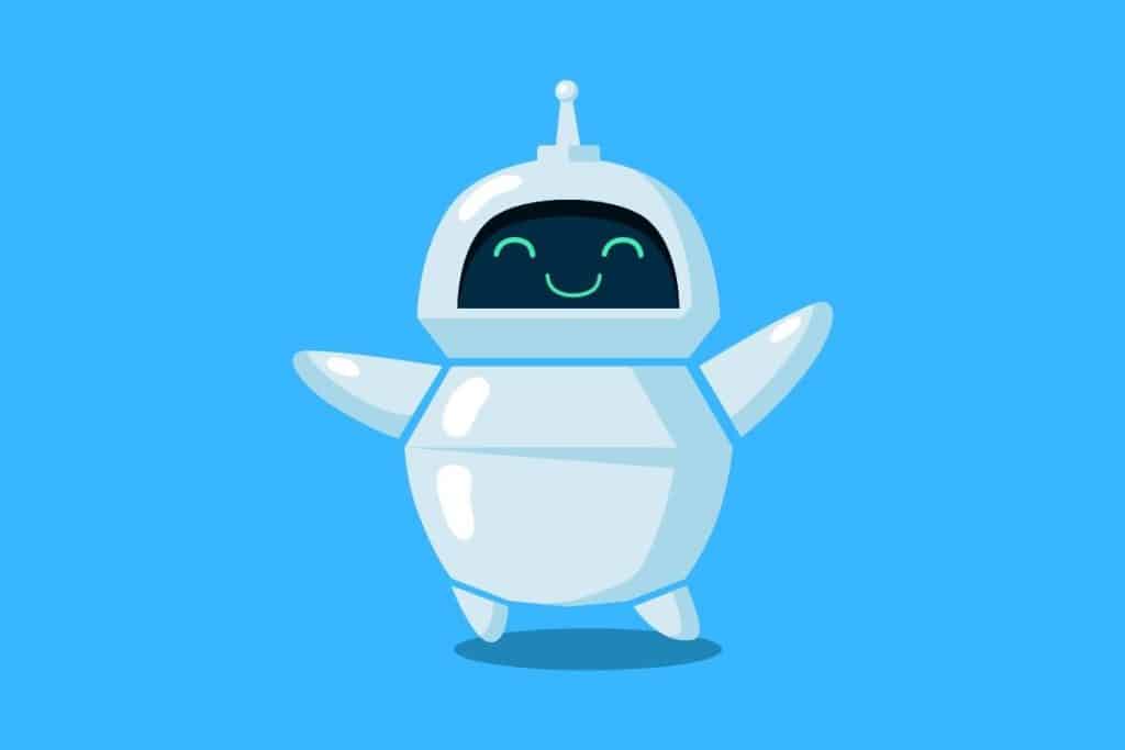 Cartoon graphic of a smiling robot on a blue background.