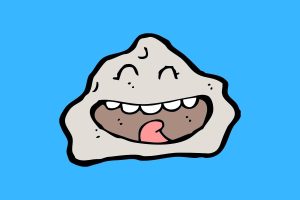 Cartoon graphic of a laughing rock on a blue background.