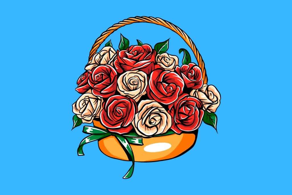 Cartoon graphic of a basket of white and red roses on a blue background.