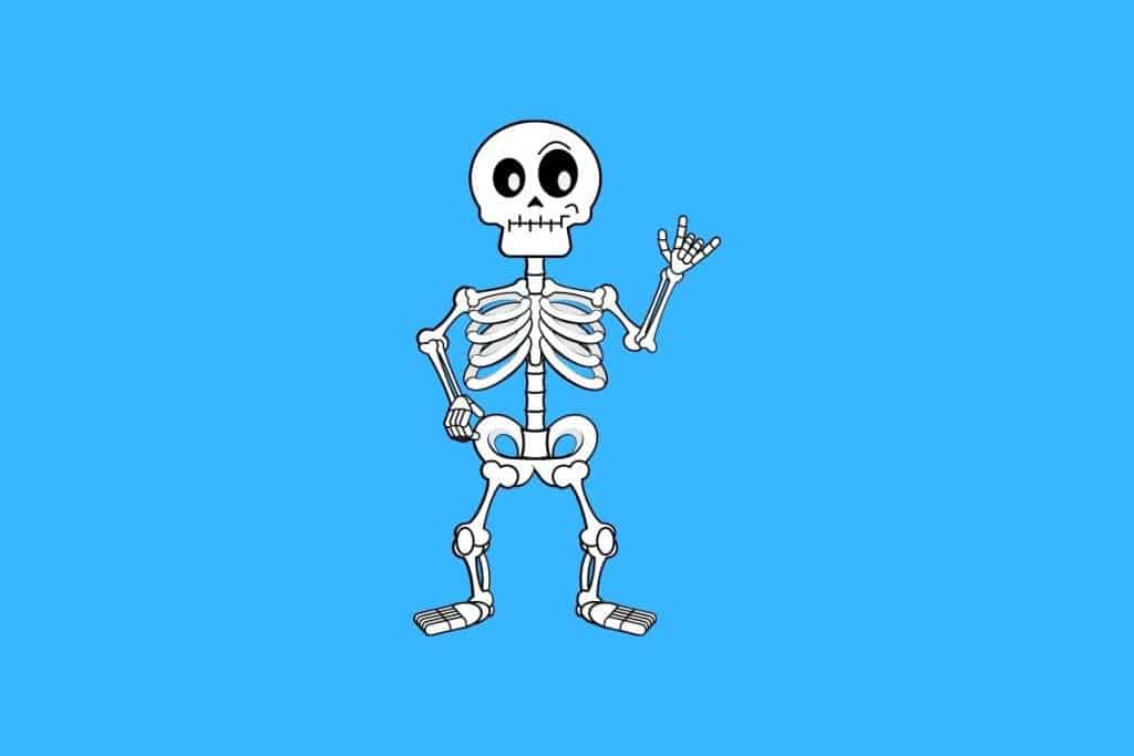 Cartoon graphic of a waving skeleton with different sized eyes on a blue background.