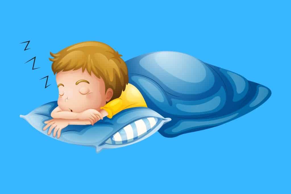 Cartoon graphic of kid sleeping on a blue pillow with a blue blanket on a blue background.