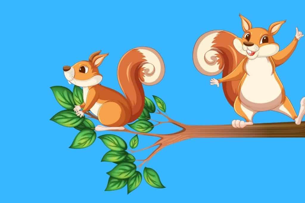 Cartoon graphic of two squirrels on a tree branch on a blue background.