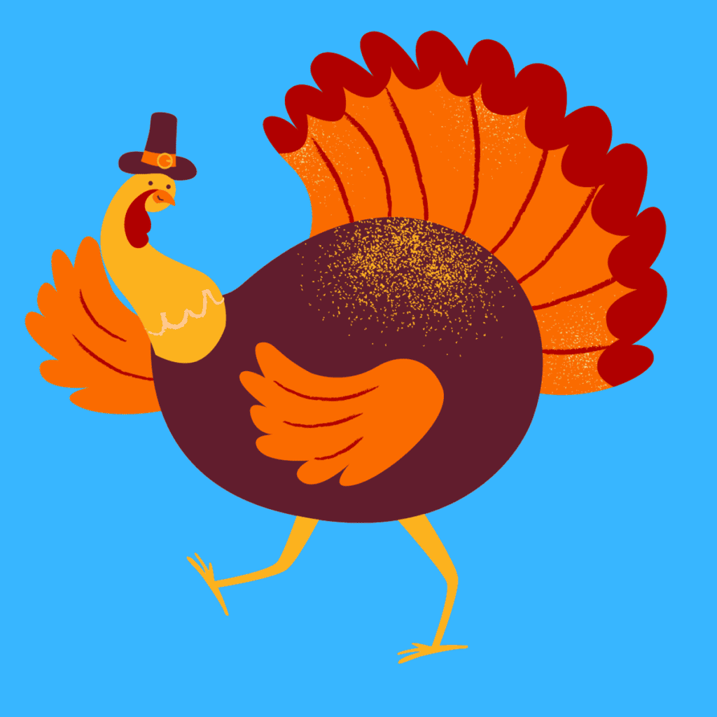 cartoon turkey on blue background.