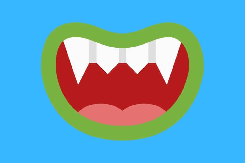 Cartoon graphic of a wide open mouth with green lips and fang teeth only at the top on a blue background.