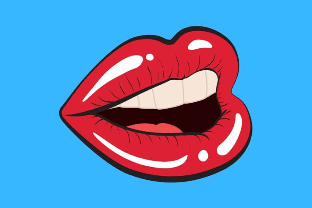 Cartoon graphic of a mouth with glossy red lips on a blue background.