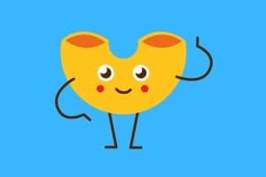 Cartoon graphic of a macaroni pasta smiling and with hands and legs on a blue background.