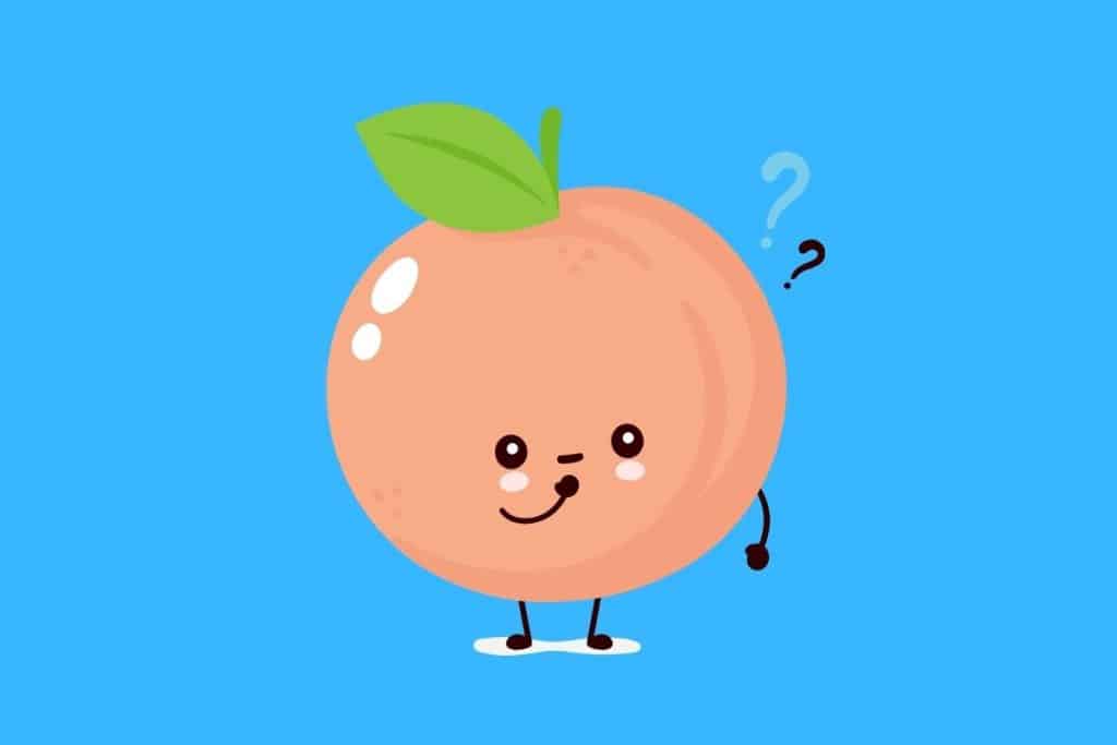 Cartoon graphic of a pink peach thinking with question marks over its head on a blue background.